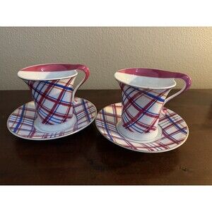 Vintage Set of 2 GNA Fine Porcelain Demitasse Cups & Saucers Pink Plaid EUC